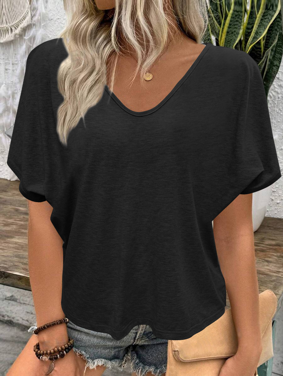Women's Ruched V-Neck Short Sleeve T-Shirt Candy Color Loose Casual