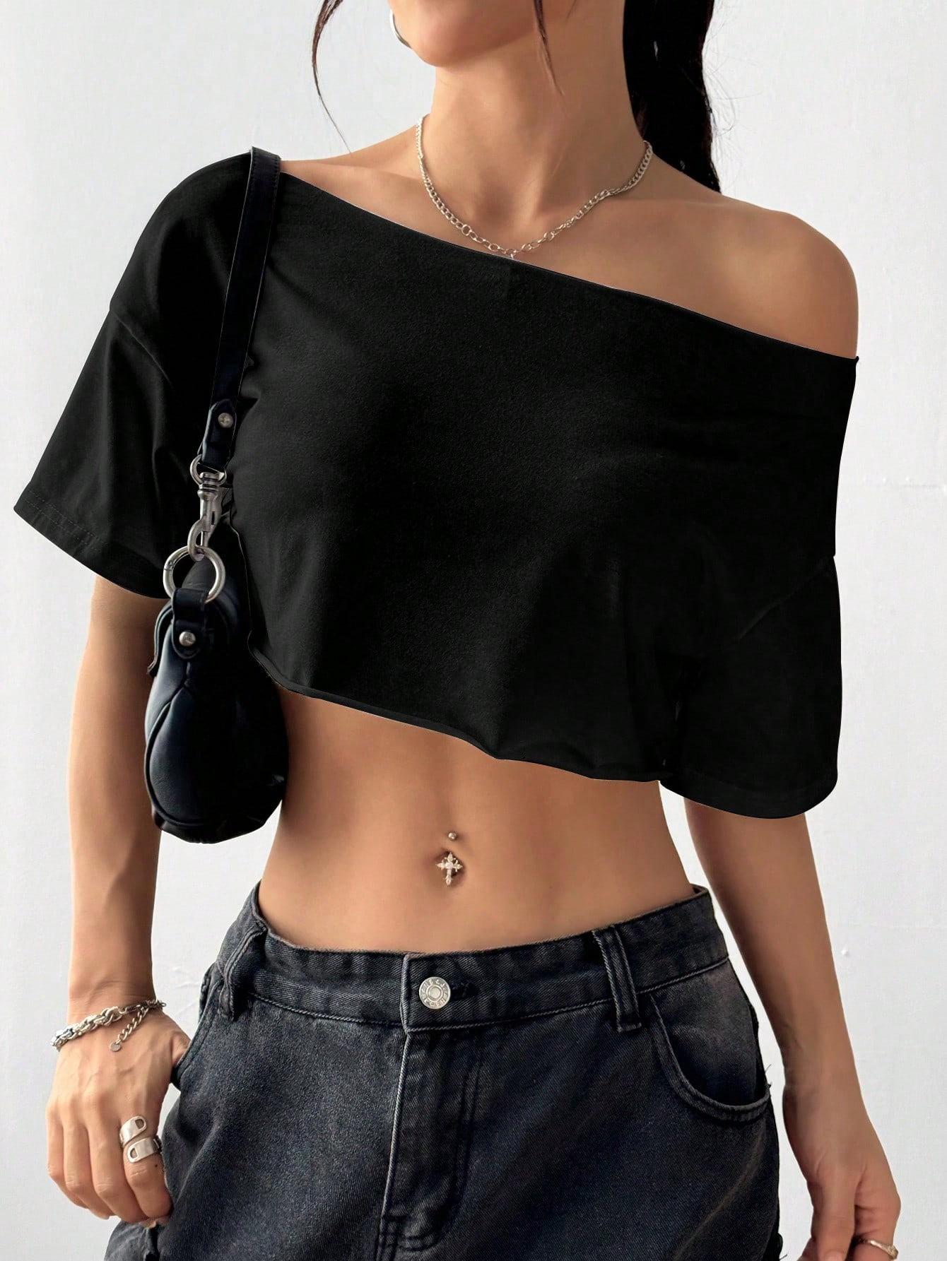Women's Off-Shoulder Crop Top Short Sleeve Slimming Solid Color