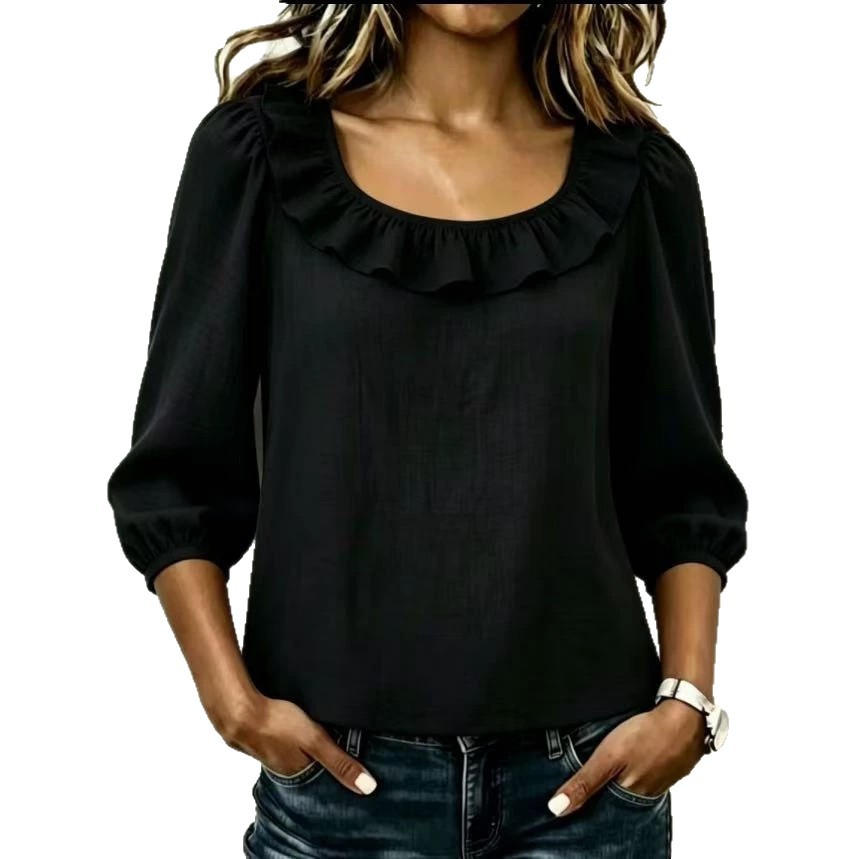 Women's Square Neck Ruffle Top with Puff Sleeves