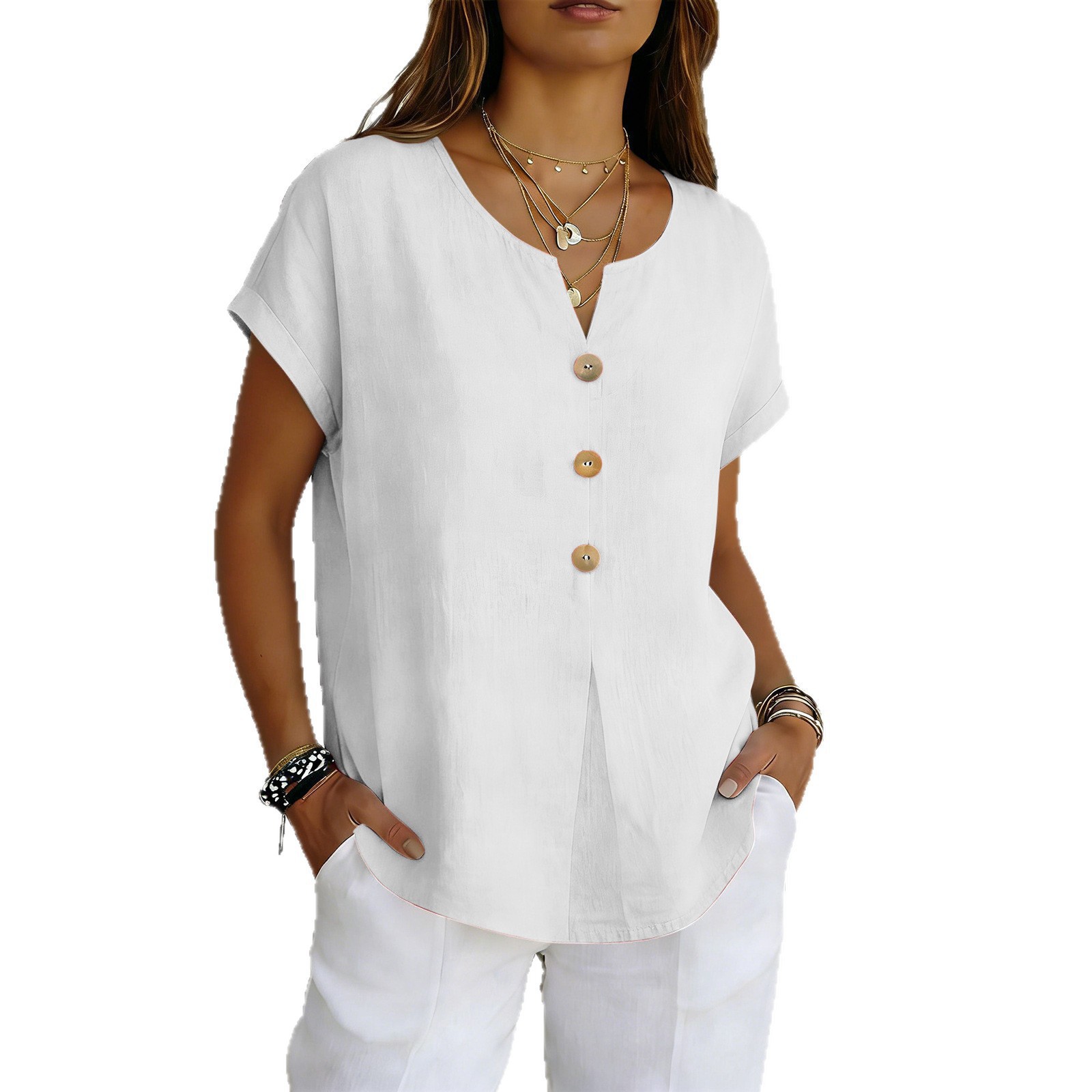 Women's Solid Color Cotton-Linen Short Sleeve V-Neck Loose Fit Top