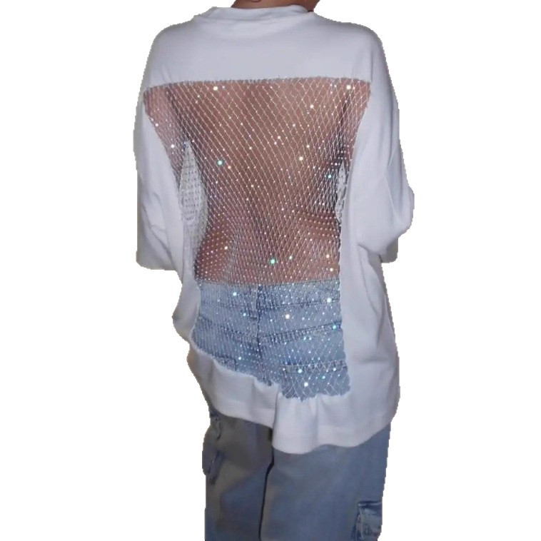 Women's Solid Crewneck Mid-Sleeve Loose Open-Back Mesh Top