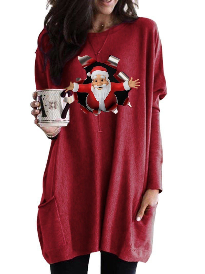 Christmas Santa Print Long Sleeve Crewneck Casual T-Shirt for Women