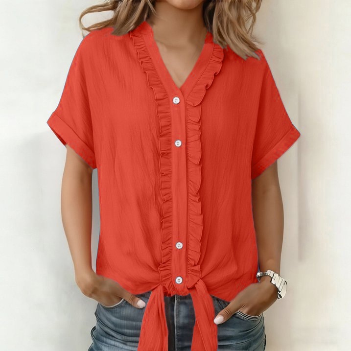 Women's Solid Color Short Sleeve Blouse T-Shirt Casual Loose Fit V-Neck