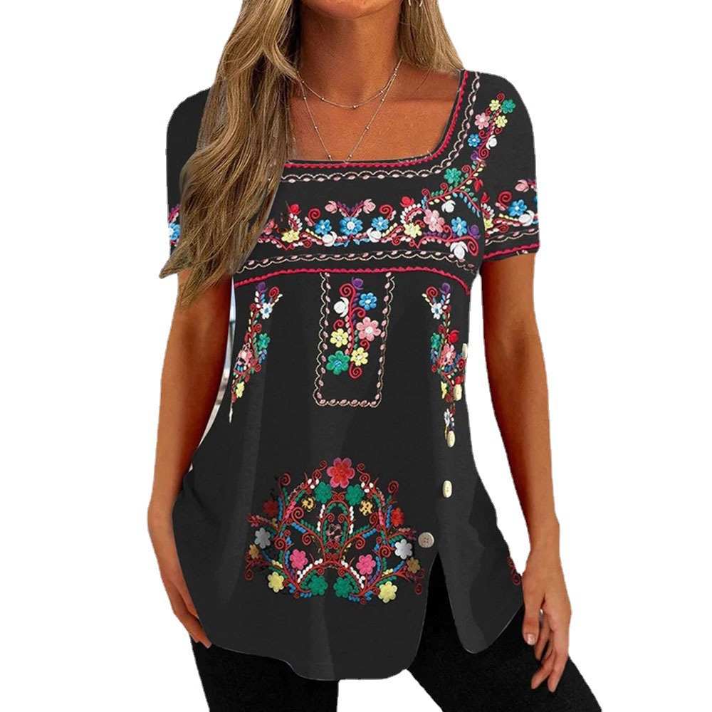 Women's Ethnic Floral Print Button Split Short Sleeve Top T-Shirt