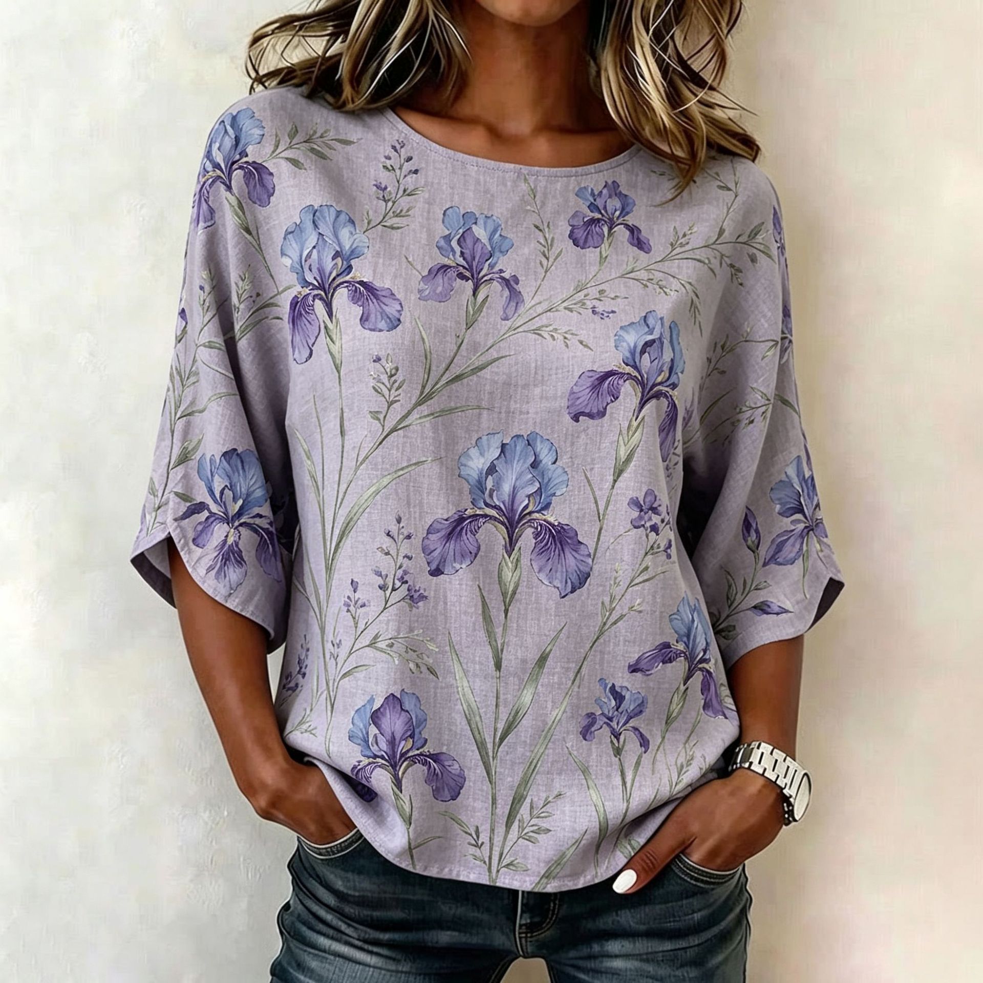Floral Plaid Print Mid-Sleeve Women's Top