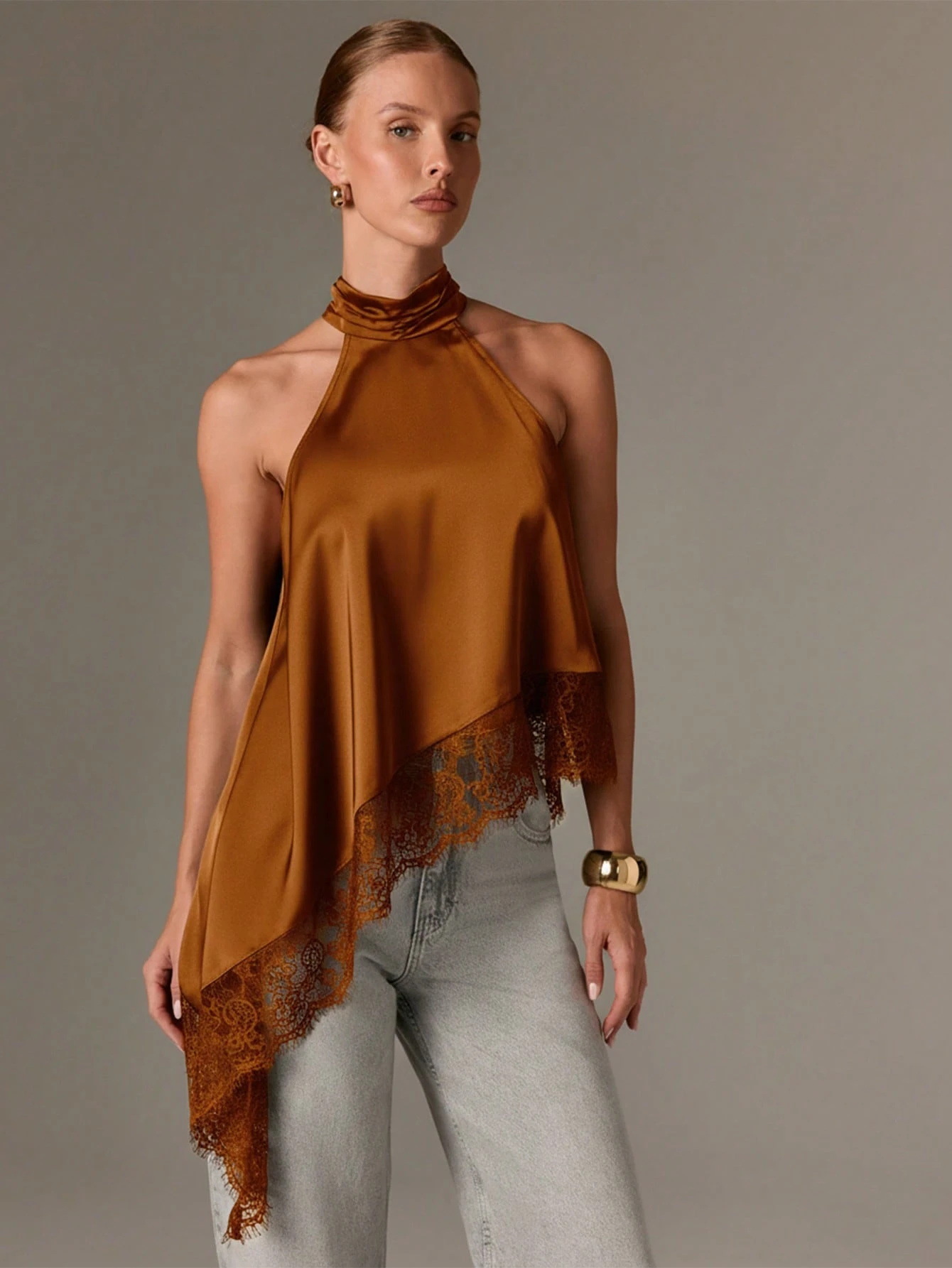 Sexy Halter Lace Top with Asymmetrical Hem and Open Back