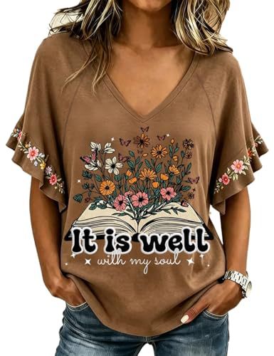 Floral Book Print V-Neck Short Sleeve Women's T-Shirt