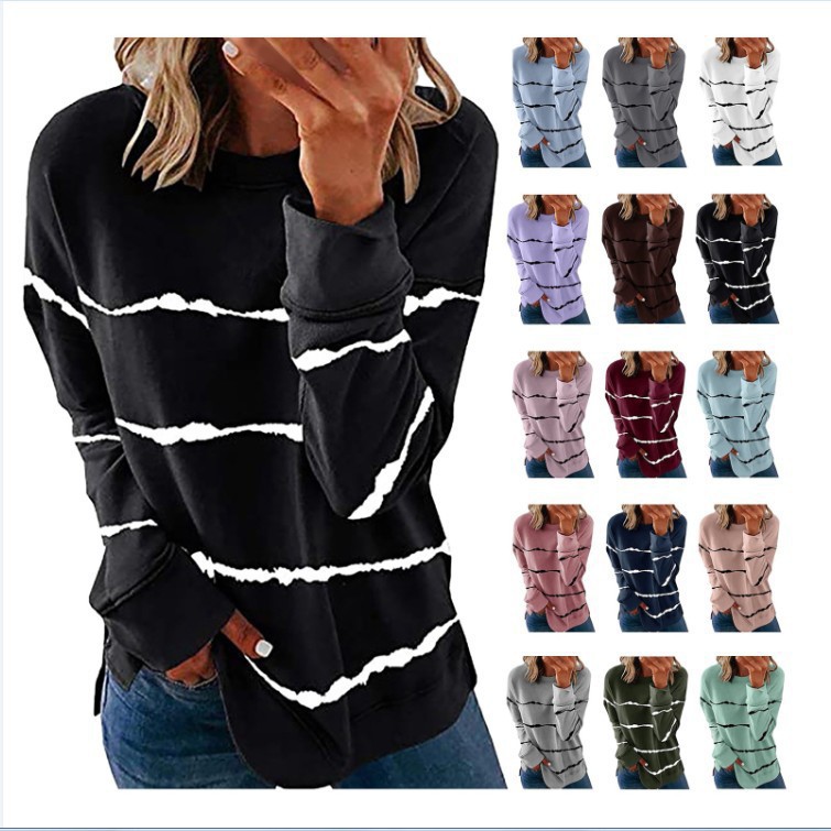 Women's Loose Striped Print Long Sleeve Cotton Sweatshirt