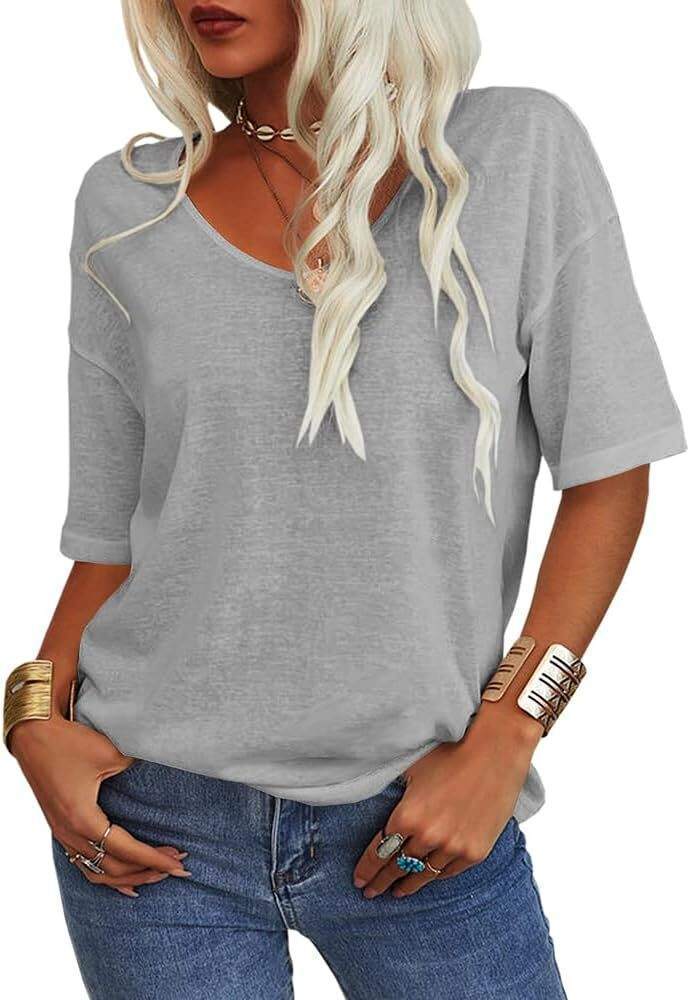 Women's V-Neck Short Sleeve Loose Fit T-Shirt Casual Solid Color Basic Top