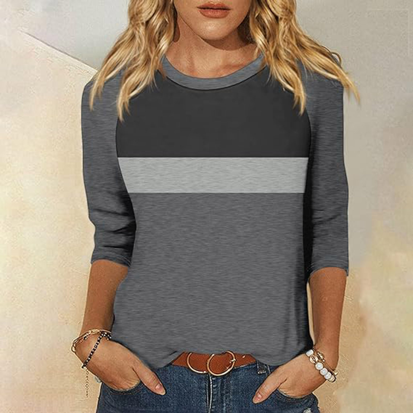 Women's Colorblock Seven-Sleeve Crewneck T-Shirt Casual Top