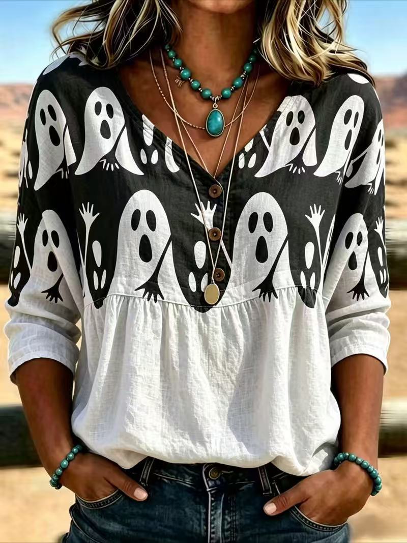 Halloween Ghost Print V-Neck Short Sleeve Women's T-Shirt
