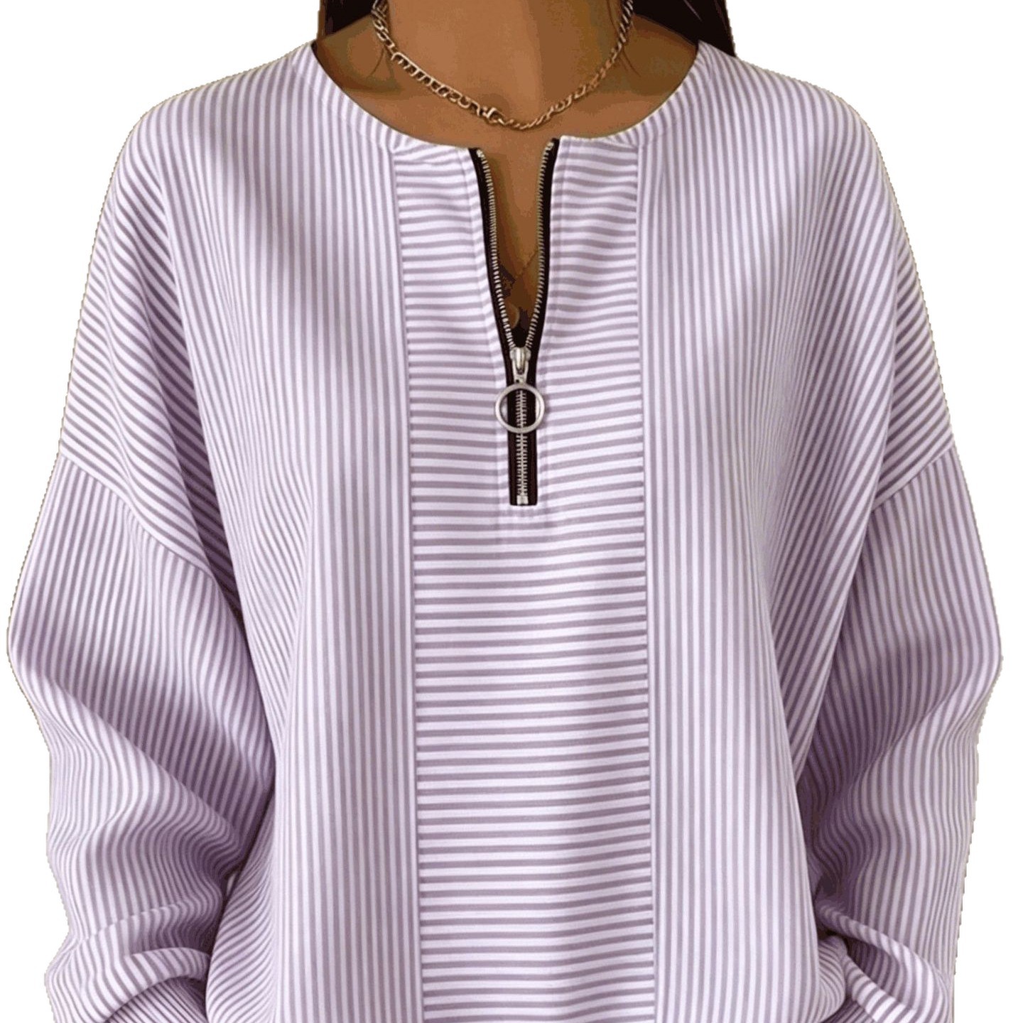 Striped Zip-Up Long-Sleeve Drop-Shoulder Crewneck T-Shirt