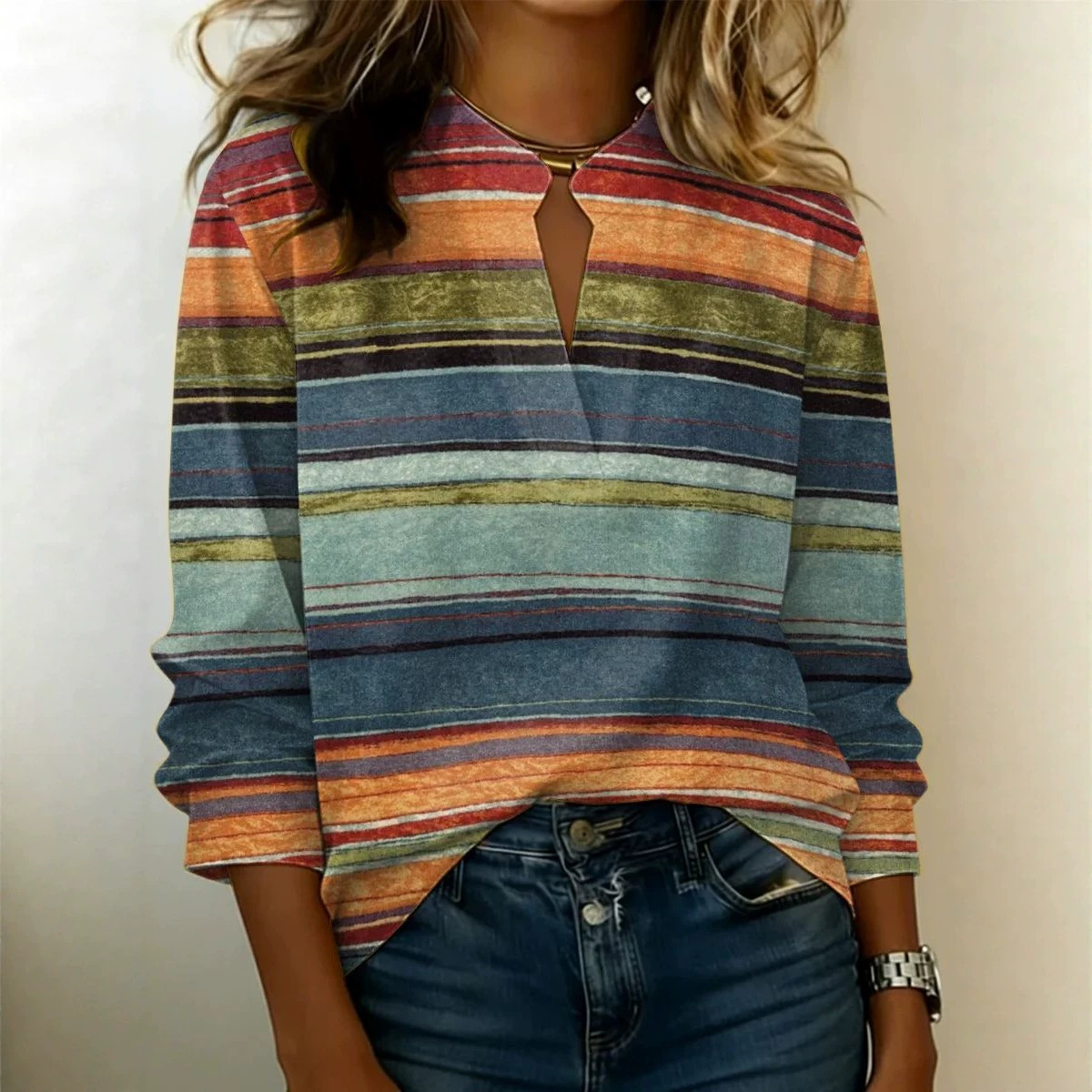 American Flag Print V-Neck Long-Sleeve T-Shirt