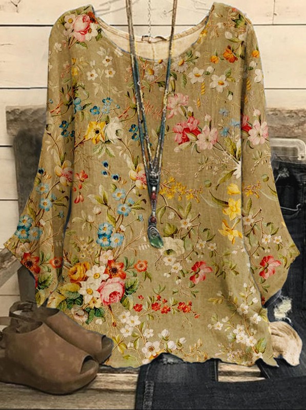 Women's Cotton-Linen Print Round Neck Loose Vintage Top