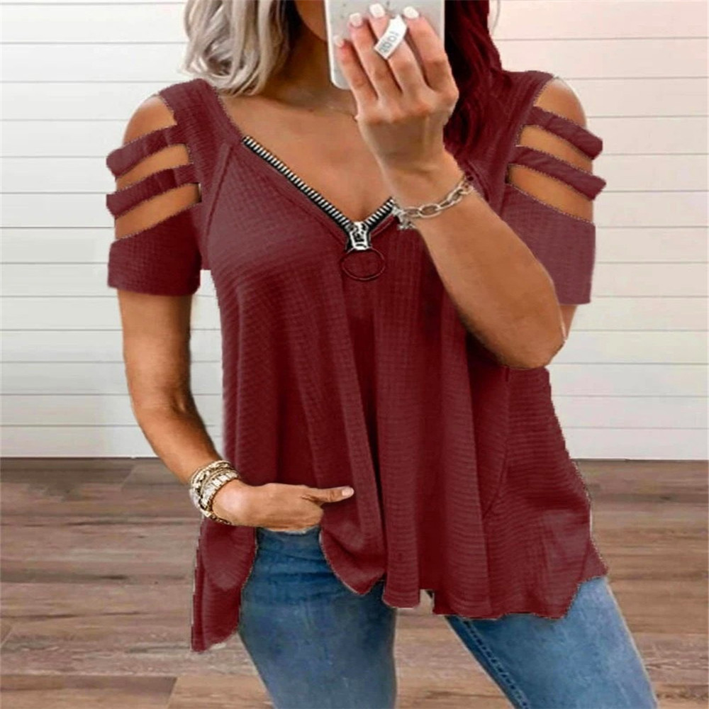 Women's Cold-Shoulder Short-Sleeve V-Neck Zip Solid T-Shirt Top