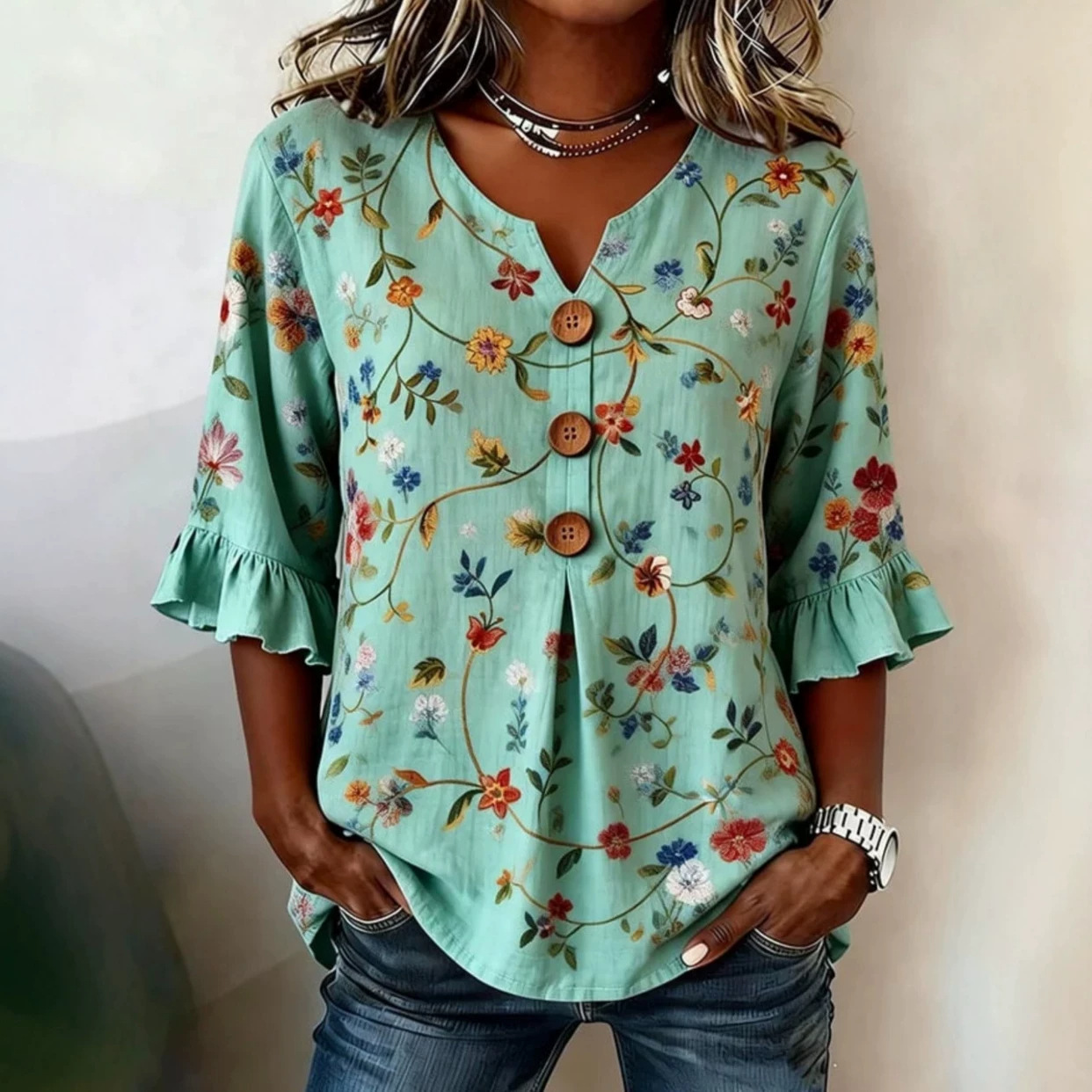 Women's Floral Print V-Neck Petal Sleeve Top