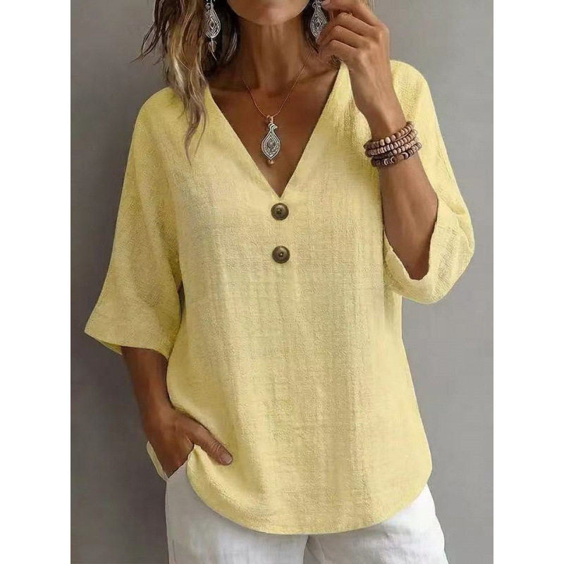Women's Cotton-Blend French V-Neck Button-Trim 3/4-Sleeve Loose Top