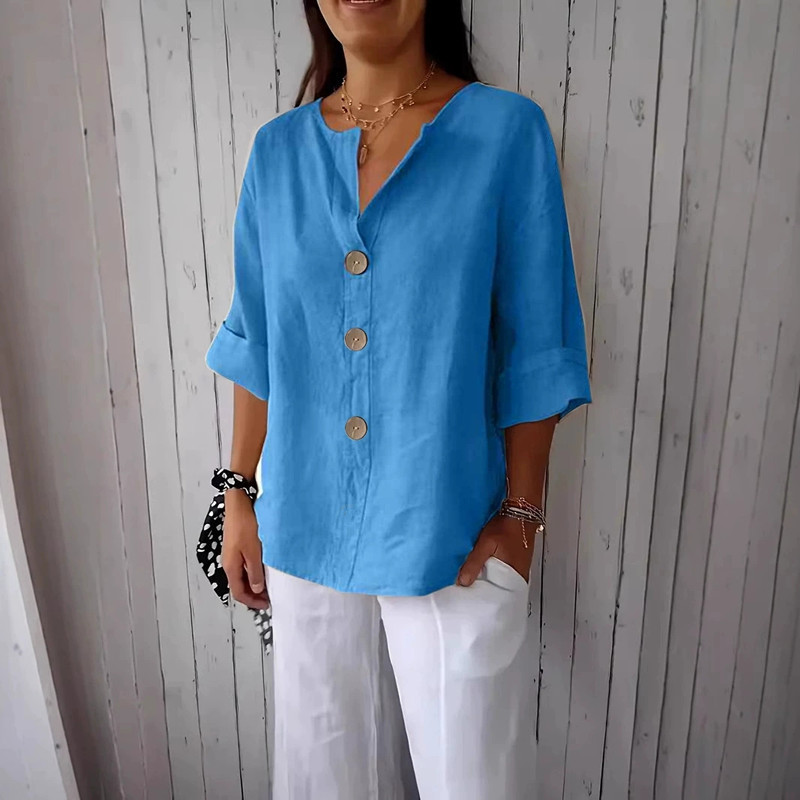 Women's Loose V-Neck Button Cotton-Blend T-Shirt