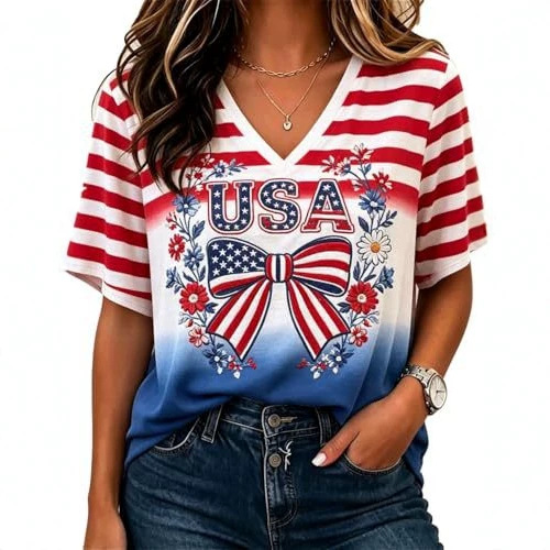 Women's V-Neck Half-Sleeve T-Shirt with 3D Print