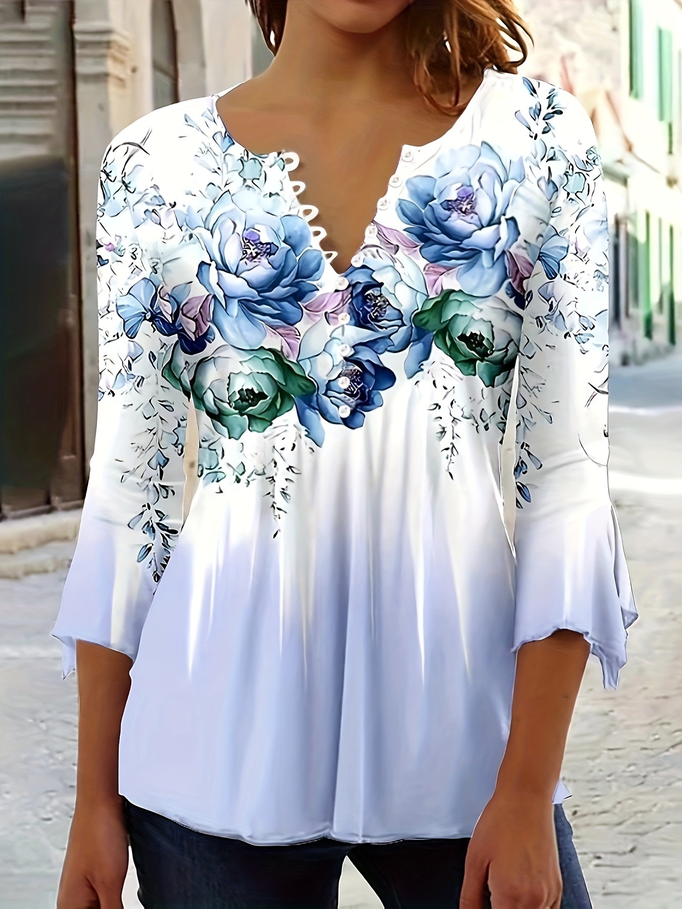 Women's V-Neck Button Floral Print Bell Sleeve Top