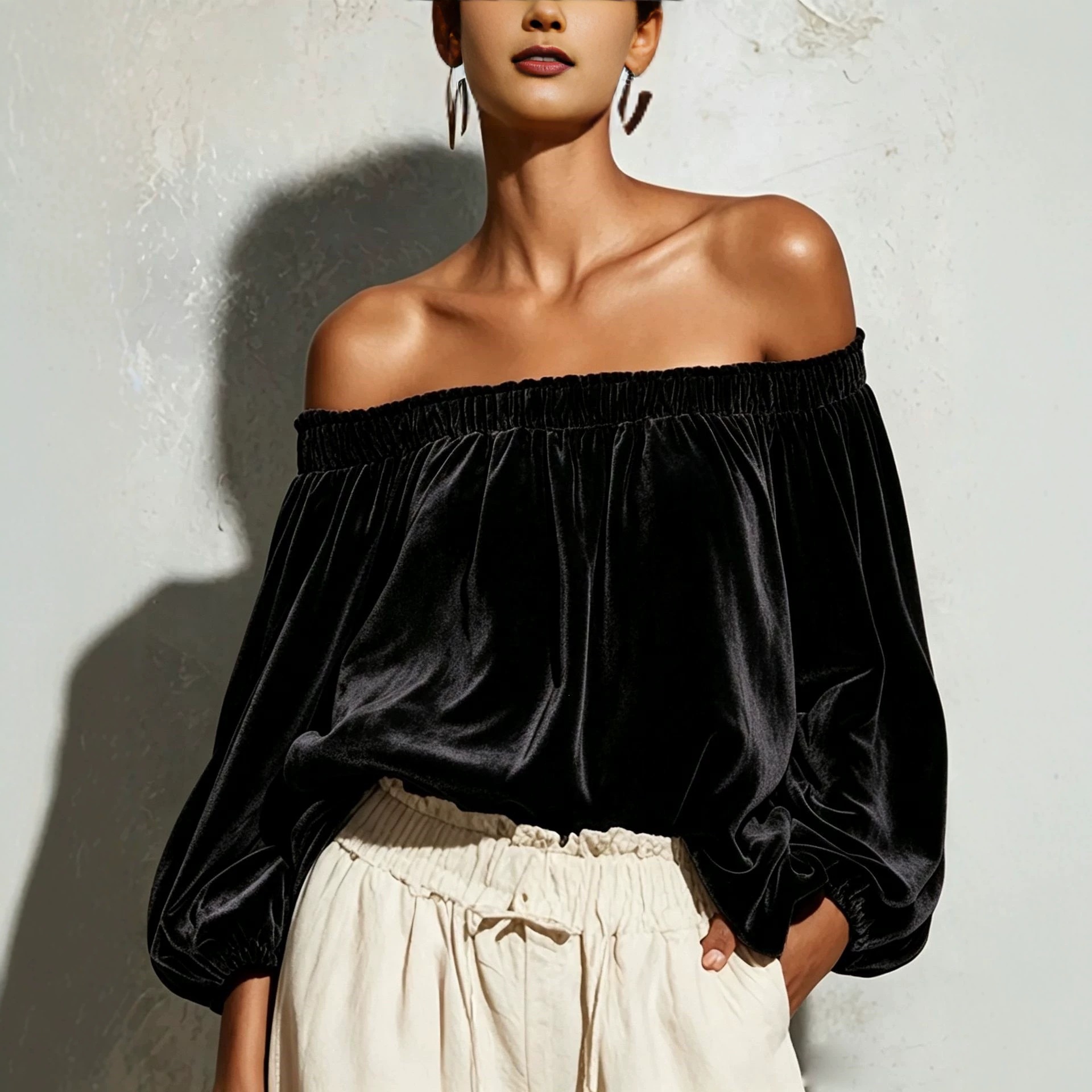 Velvet Off-Shoulder Top with Lantern Sleeves