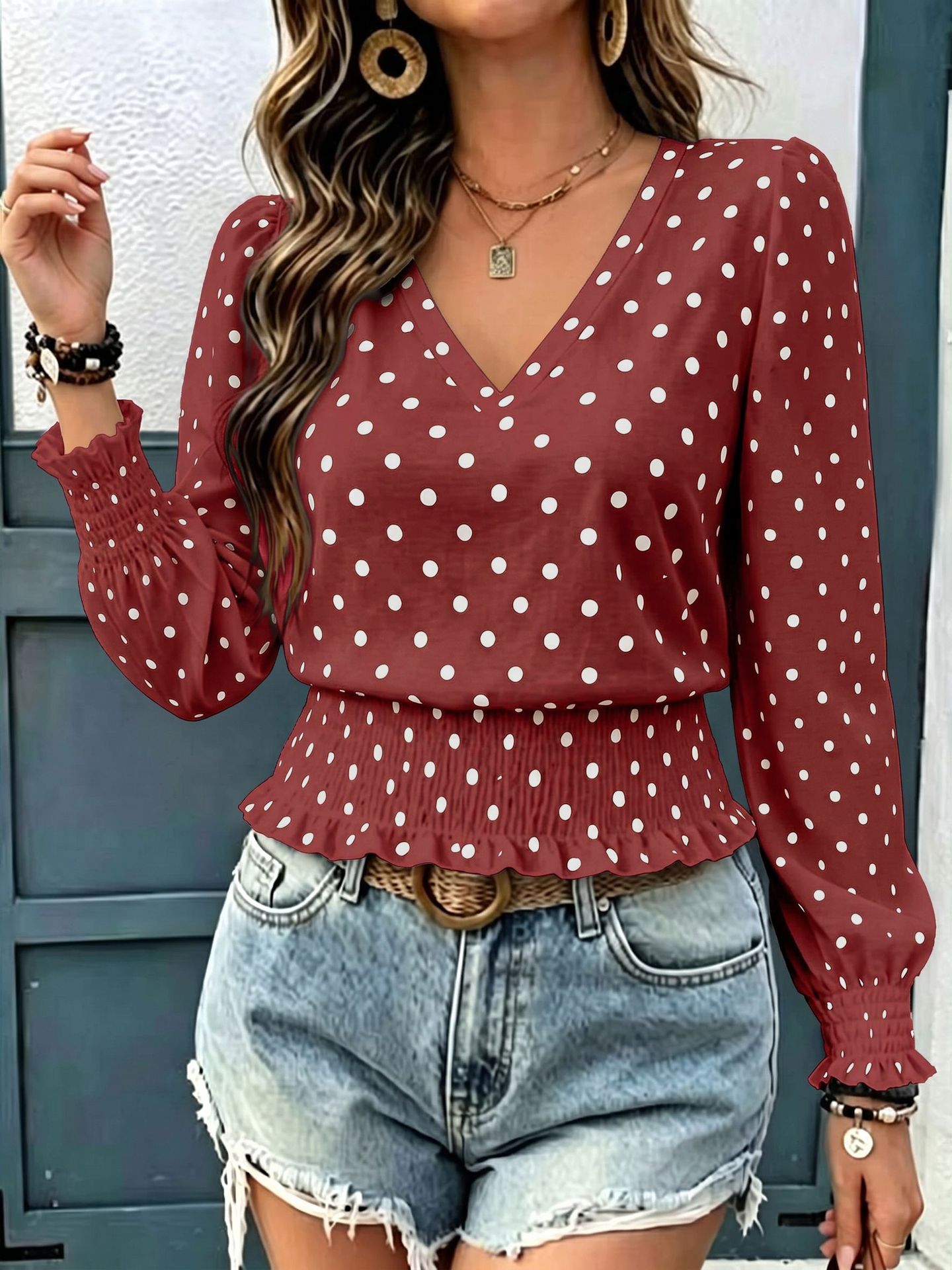 Polka Dot Print V-Neck Long Sleeve Smocked Casual Top