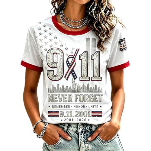 911 Twin Towers Ribbon Flag Print Short Sleeve T-Shirt