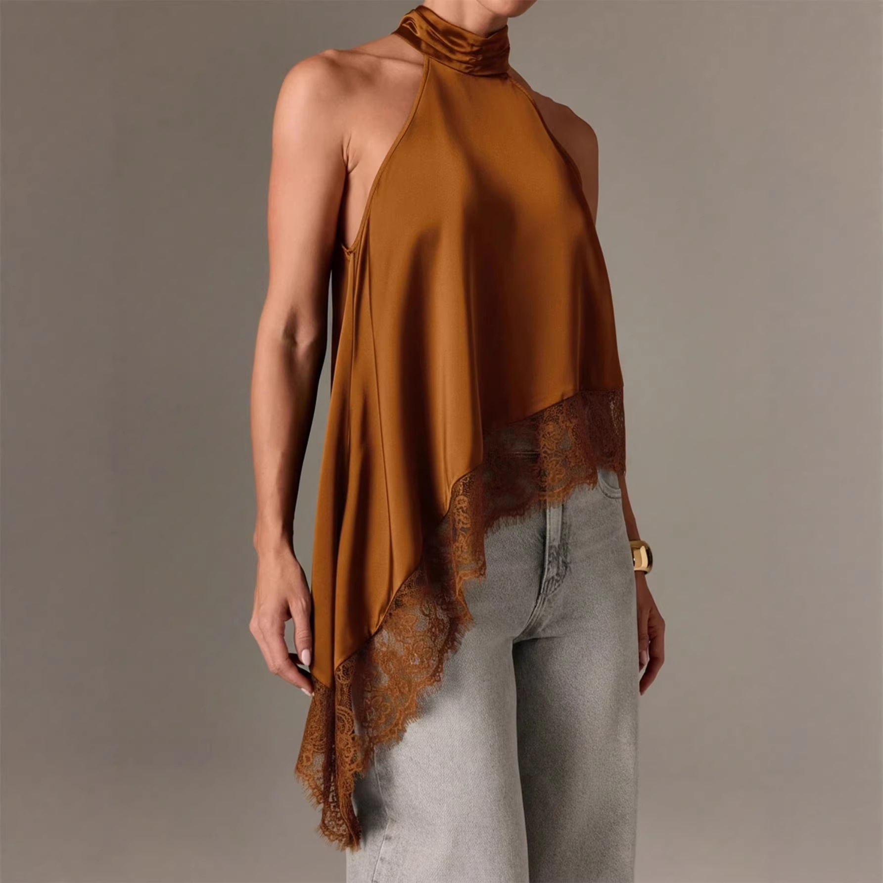 Sexy Halter Lace Top with Asymmetrical Hem and Open Back