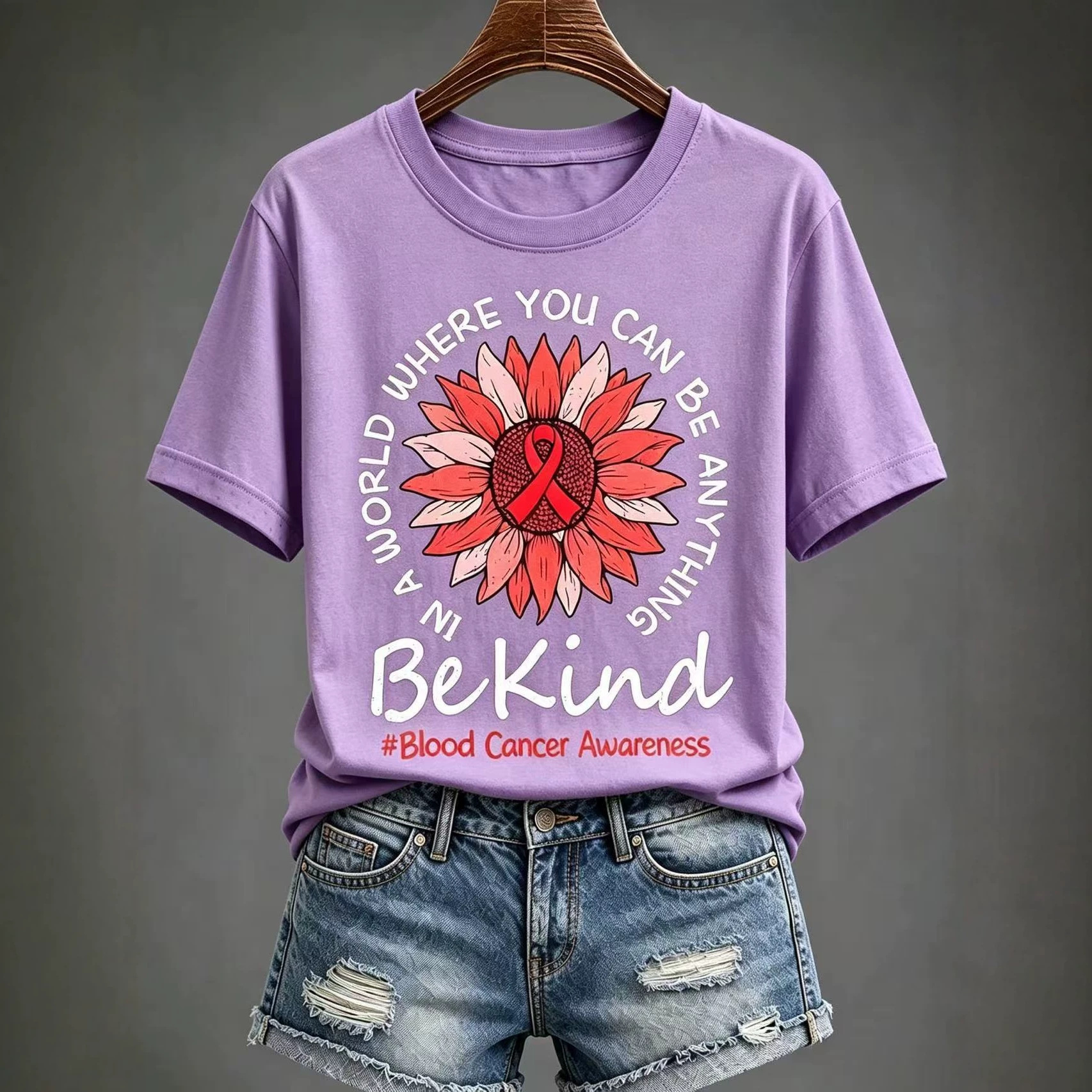 Sunflower Red Ribbon Letter Print Women's V-Neck Short Sleeve T-Shirt