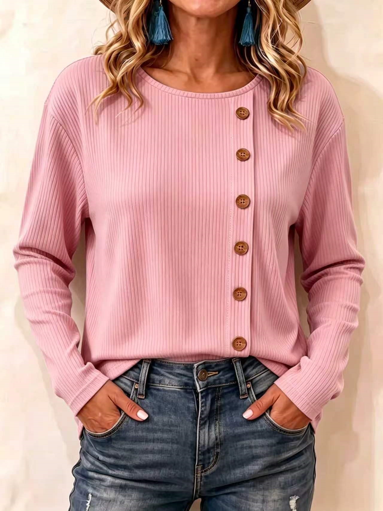 Corduroy Long-Sleeve Button-Front Solid Color Loose Fit T-Shirt