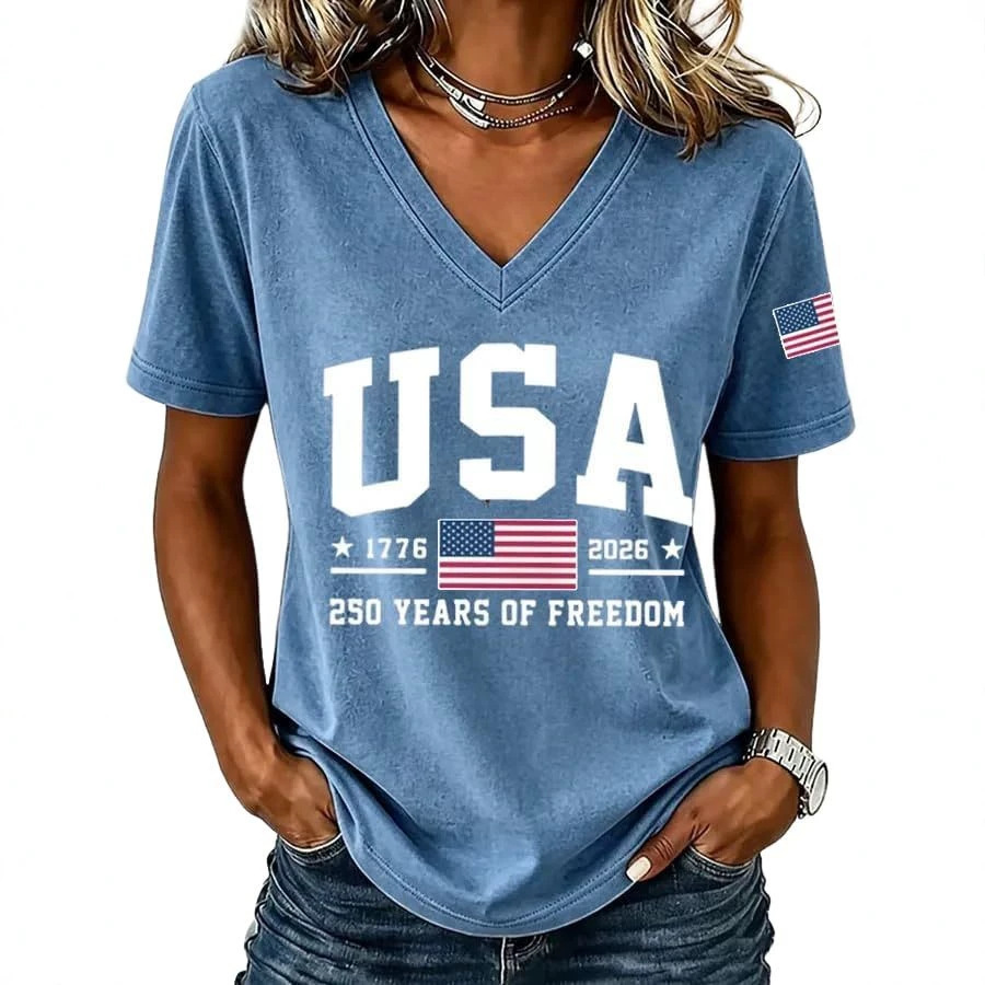 American Flag Print V-Neck Short Sleeve Women's T-Shirt