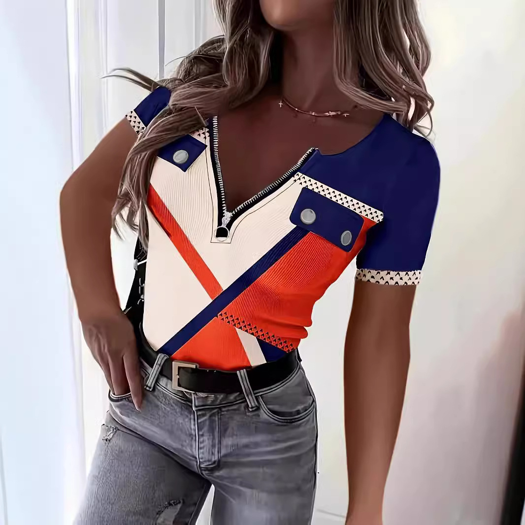 V-Neck Colorblock Print Zip-Up Slim Fit Top