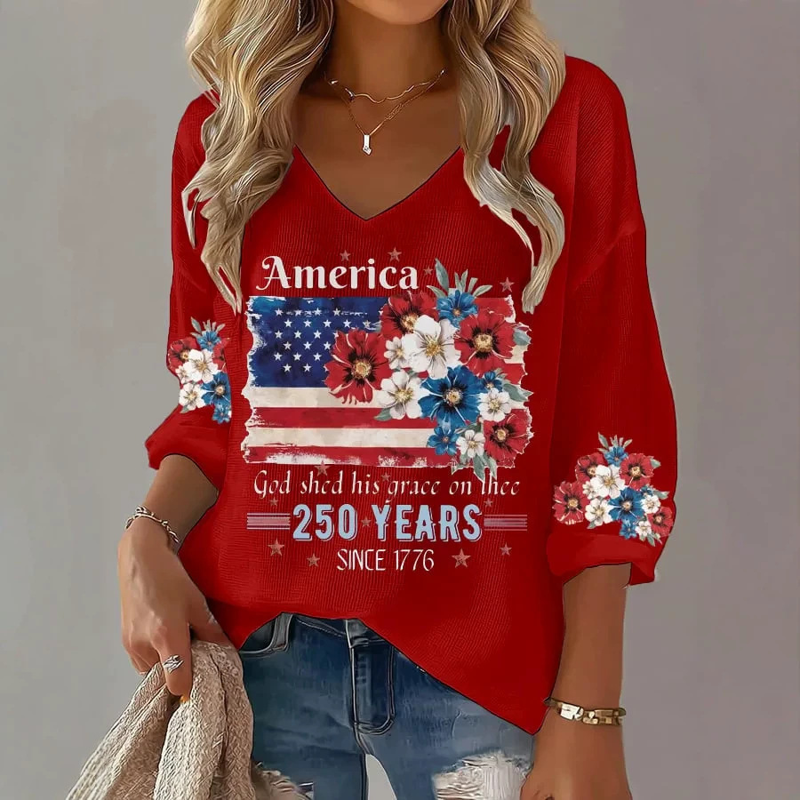 Women's Summer V-Neck American Eagle Flag Print Short Sleeve T-Shirt