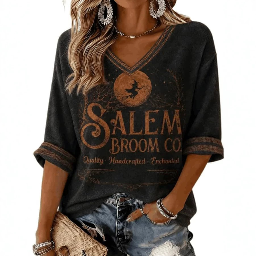 Women's Halloween Witch Letter Print V-Neck Half-Sleeve T-Shirt