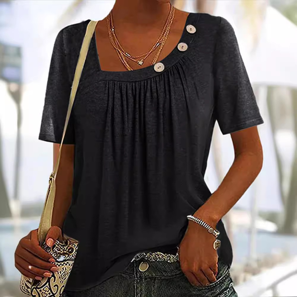 Women's Solid Color Button Round Neck Short Sleeve T-Shirt