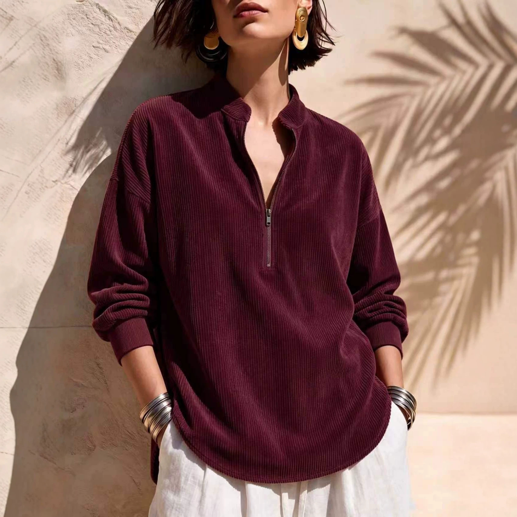 Women's Corduroy Zip-Up Stand Collar Long Sleeve Loose Casual Top