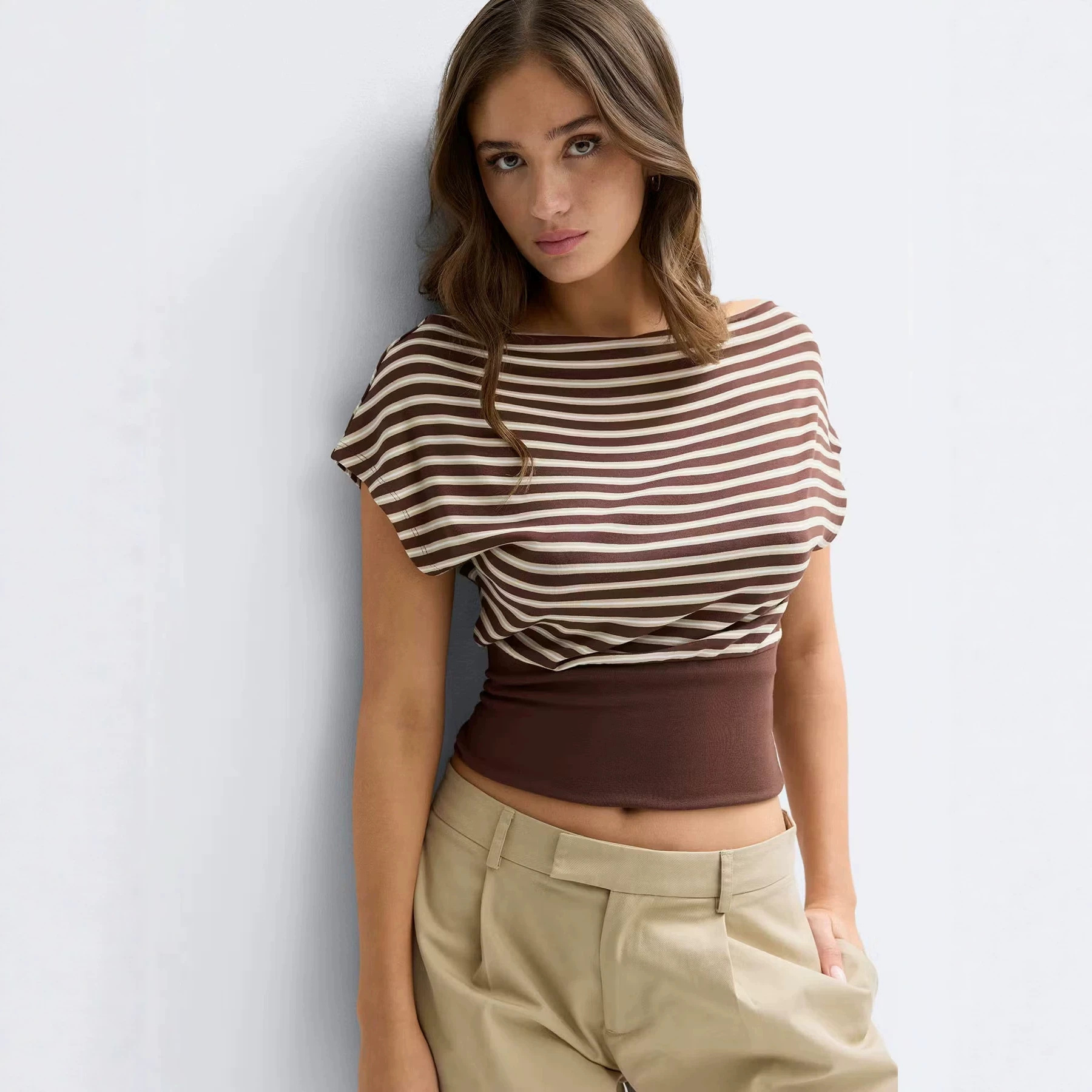 Women's Off-Shoulder Striped Crop Top Slim Fit Short Sleeve