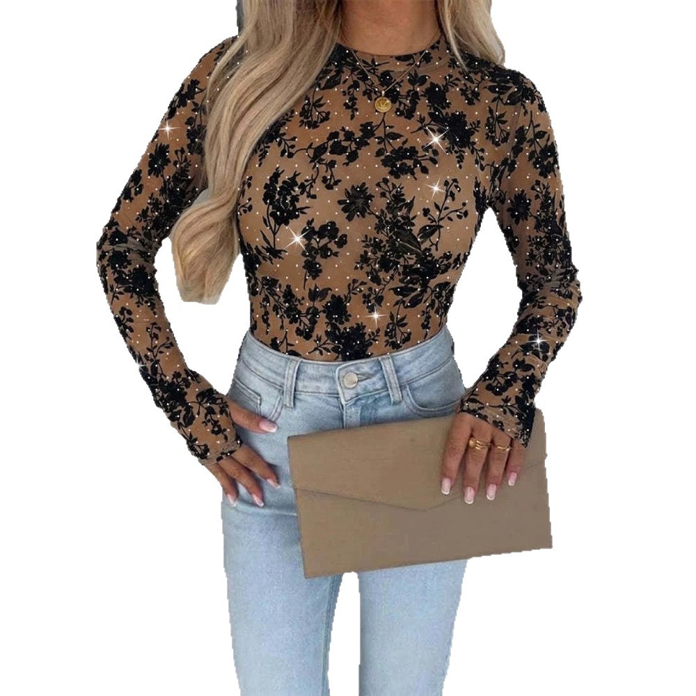Rhinestone Flocked Floral Sheer Mesh Top with Thumbholes