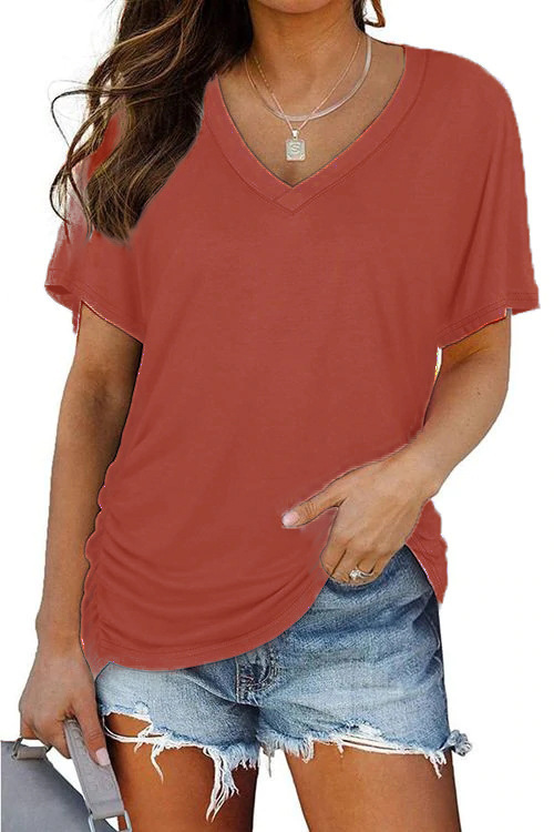 Women's V-Neck Short Sleeve Solid Color T-Shirt