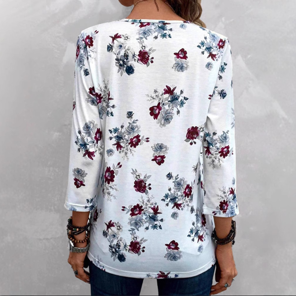 Women's V-Neck Floral Print Top Casual Pullover