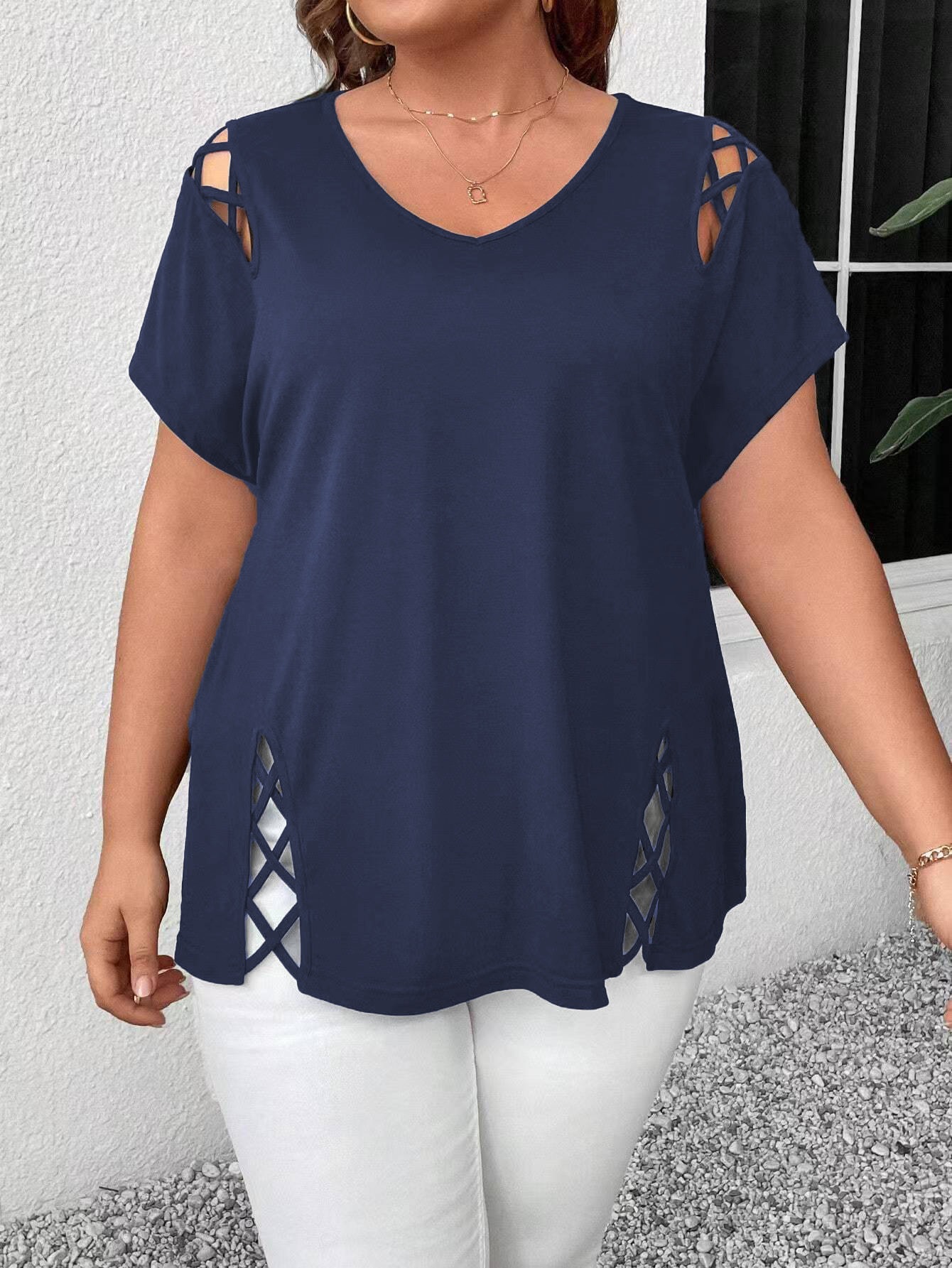 Plus Size V-Neck Cross-Strap Short Sleeve T-Shirt