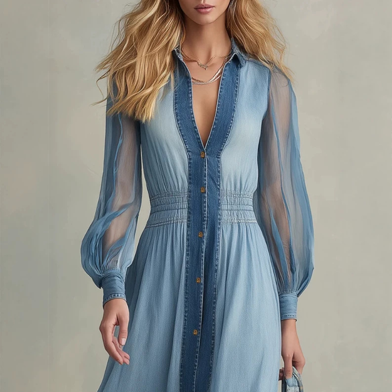 Retro Sheer Lantern Sleeve Patchwork Denim Dress