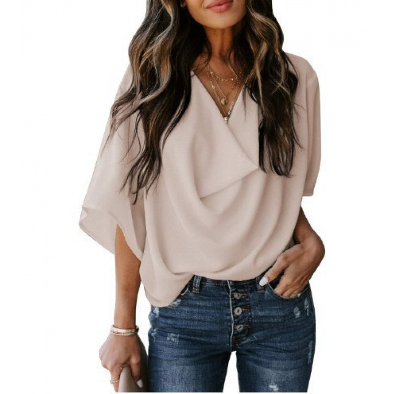 Women's Summer Chiffon V-Neck Loose Short Sleeve Top