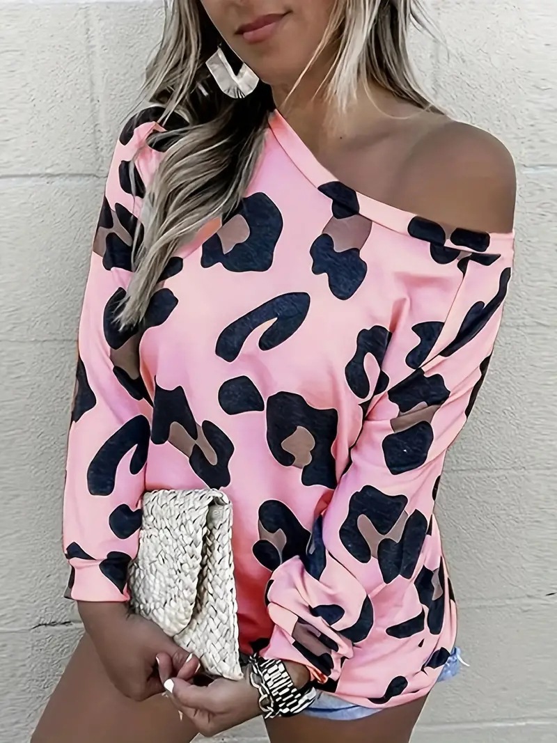 Leopard Print One-Shoulder Raglan Sleeve Top