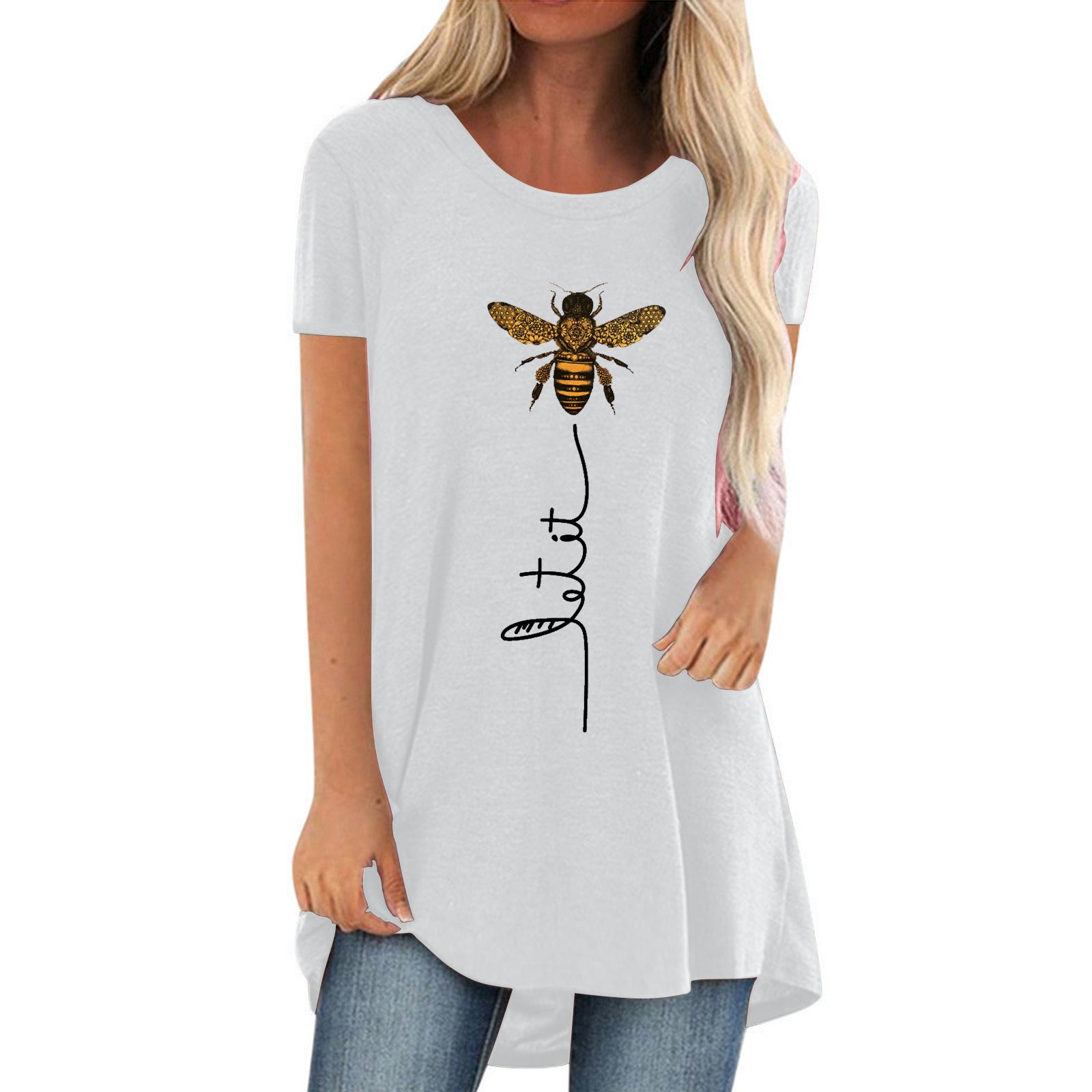 Bee Letter Print Crewneck Women's Short Sleeve Top
