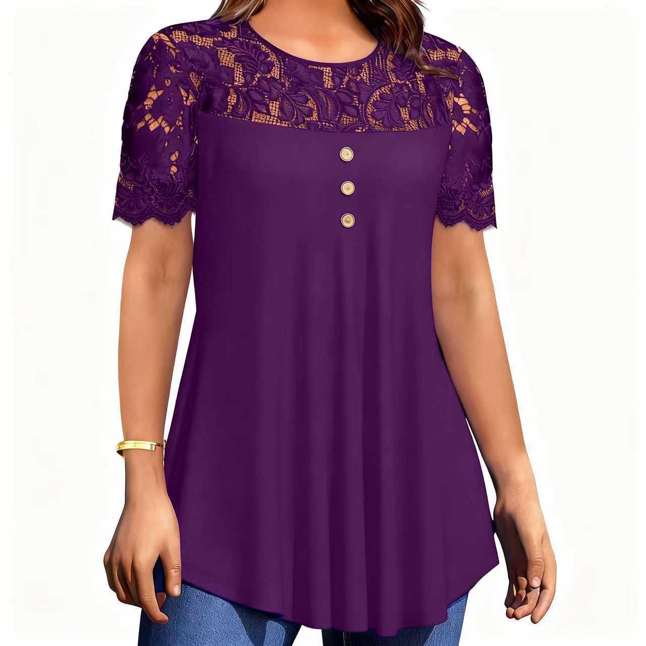 Women's Solid Color Lace Trim Short Sleeve Round Neck T-Shirt