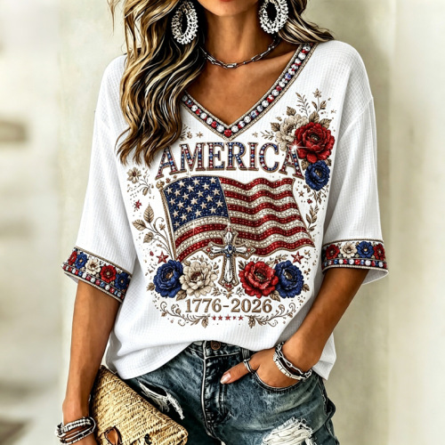 American Flag Fireworks Print V-Neck Short Sleeve T-Shirt for Women