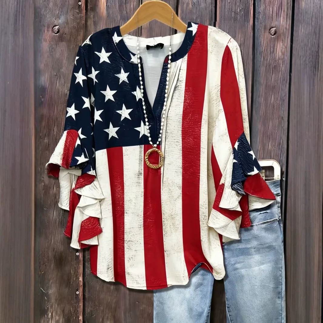 American Flag Print Rolled Sleeve Button Women's Top