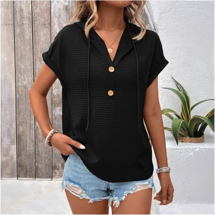 Women's Casual Hooded Short Sleeve T-Shirt with Buttons