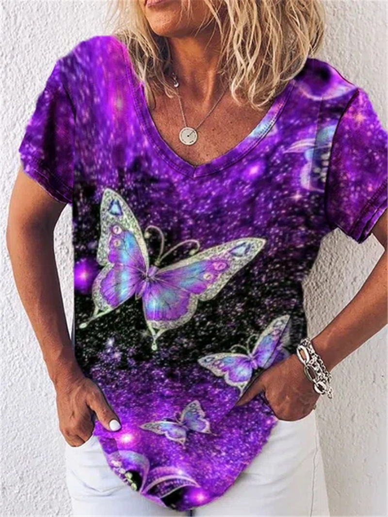 Women's V-Neck Butterfly Print Short Sleeve T-Shirt